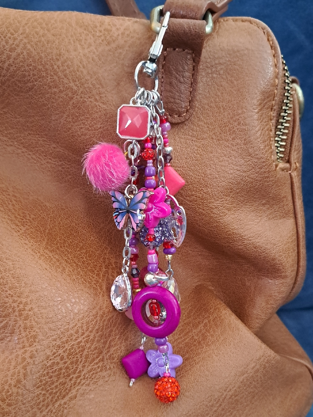 BAG/PURSE CHARM Handmade Colorful Beaded Purse Charm, Eclectic Fun, Pink/Purp 6"